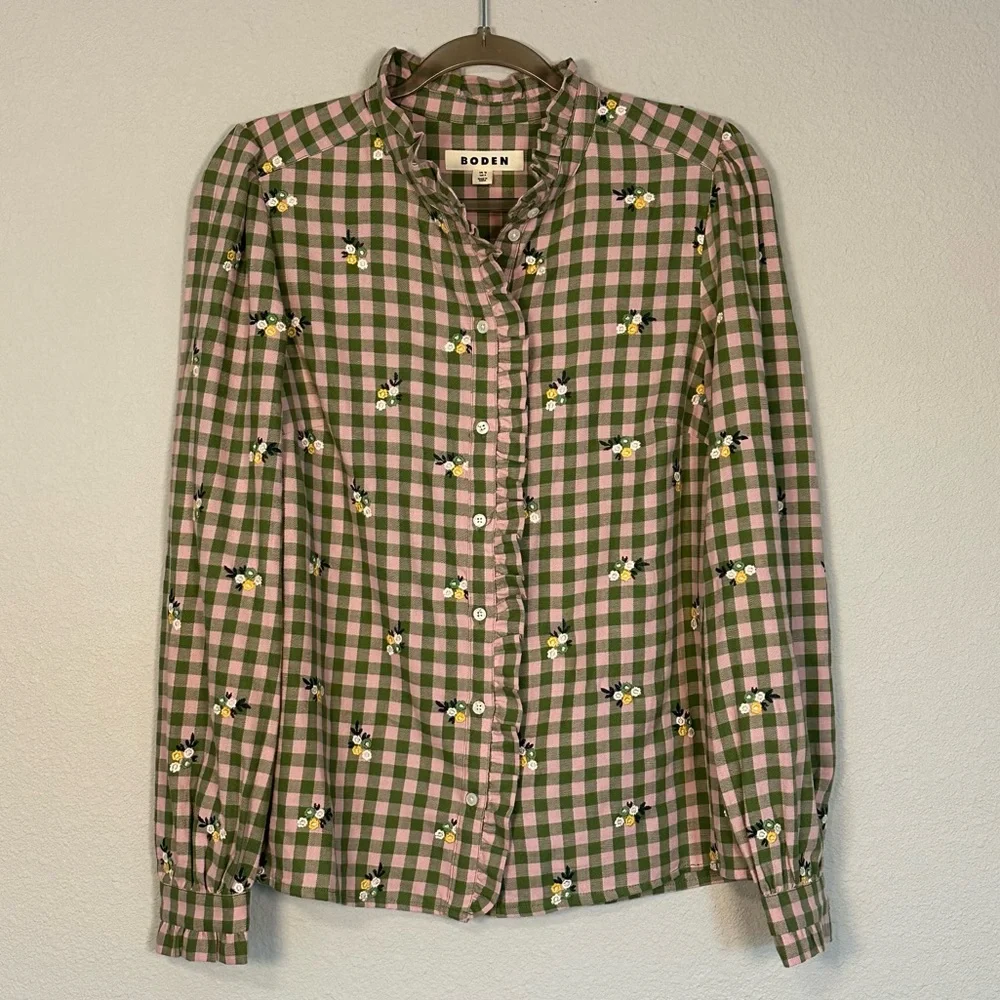 Boden Helena Brushed Cotton Ruffled Gingham and Floral Embroidered Blouse -US 8 - Picture 6 of 11